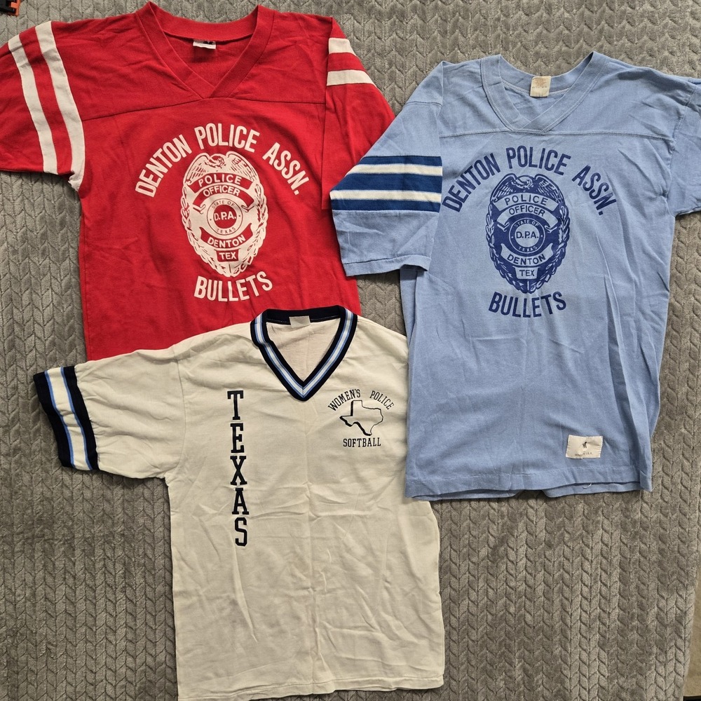 3 VTG‎ Denton Police Softball Shirt BANTAM Medium Single Stitch ¾ Sleeve Ringer